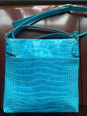 Danier Turquoise Croc-Embossed Shoulder Bag
